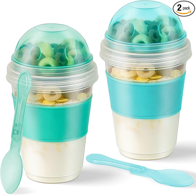 Freshmage Yogurt Parfait Cups with Lids, 2 Pack 20 oz Reusable Overnight Oats Containers with Lids, Topping Compartment & Spoon to Go for Breakfast Meal Prep, Portable & Lightweight (Blue&Green)