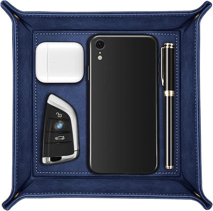 SITHON Valet Tray Desktop Storage Organizer – Premium PU Leather Catchall Bedside Vanity Tray Nightstand Caddy Holder for Keys, Phone, Wallet, Valentine's Day Gift, Dark Blue