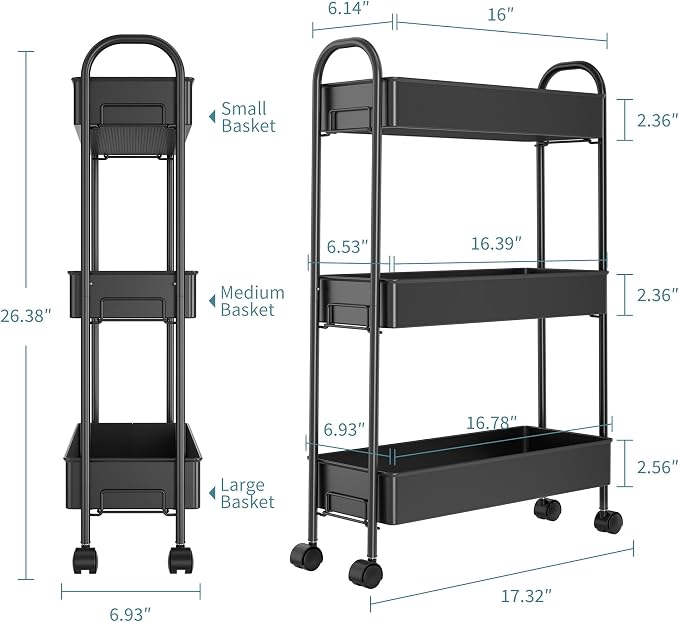 Slim Rolling Cart, Metal Frame Utility Rolling 3-Tier Narrow Storage Cart with Handle Kitchen Storage Organizer, Mobile Shelving Unit for Bathroom Kitchen