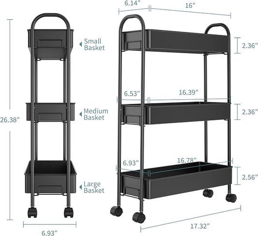 Slim Rolling Cart, Metal Frame Utility Rolling 3-Tier Narrow Storage Cart with Handle Kitchen Storage Organizer, Mobile Shelving Unit for Bathroom Kitchen