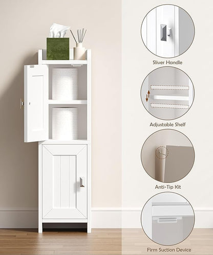 Akxomel Small Bathroom Cabinet with 2 Doors, 7.9''D x 7.9''W Narrow Toilet Paper Storage Cabinet, Bathroom Organizer for Small Spaces, Slim Corner Unit with Adjustable Shelf, White