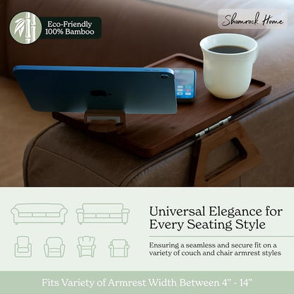 Shamrock Home Bamboo Couch Arm Table with Device Holder, Clip On Tray. for TV Dinners, Remotes, Drinks, Snacks and Small Spaces (Rectangular with Device Holder, Brown, Regular 13.75 x 9.5)