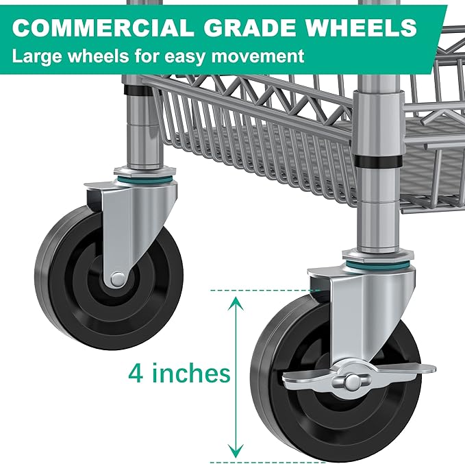 Folews Rolling Cart with Wheels, Heavy Duty 3 Tier Metal Utility Cart 990lbs Capacity, Multi-Purpose Wire Rolling Storage Trolley for Kitchen Garage Office Commercial Use, Gray