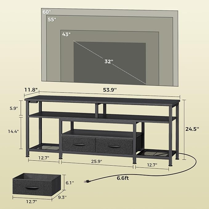 Huuger TV Stand for 55 60 Inch TV, Entertainment Center with Power Outlets and LED Lights, 54 Inch TV Console for Living Room, Media Console with Drawers and Shelves, Black