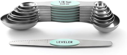 Spring Chef Stainless Steel Magnetic Measuring Spoons Set of 8 with Leveler, Metal Teaspoon & Tablespoon Measuring Spoons, Fits in Spice Jars, Kitchen Gadgets for Baking & Cooking - Set of 2 - Mint