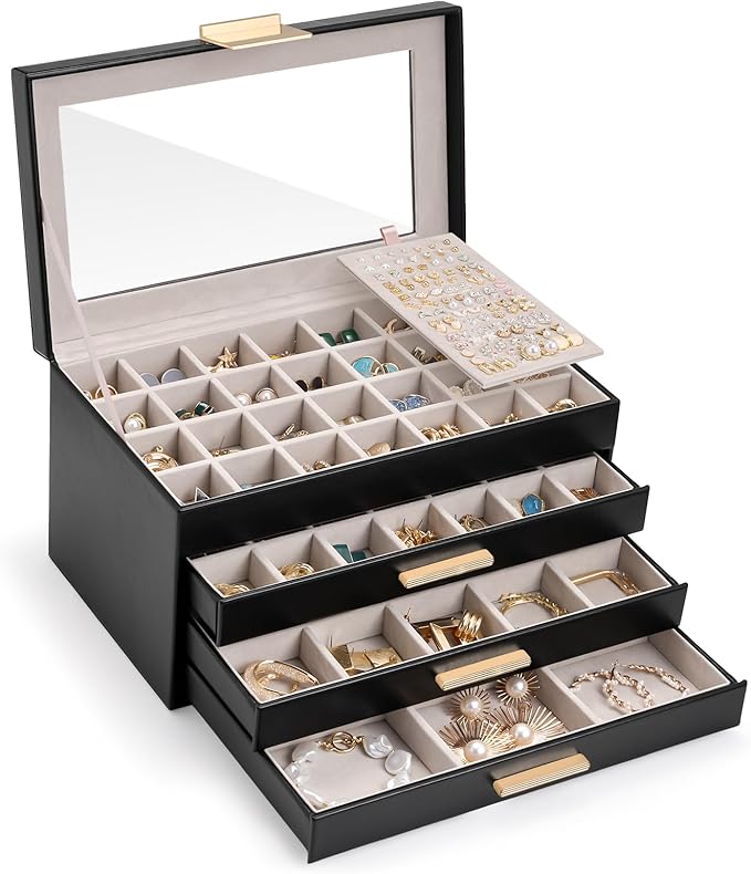 Lolalet Earring Storage Box Case with Glass Top, Large Earring Jewelry Holder Organizer Display with Drawer and Grid, Mothers Day Gifts -4 Tiers, Black