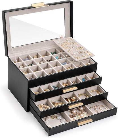 Lolalet Earring Storage Box Case with Glass Top, Large Earring Jewelry Holder Organizer Display with Drawer and Grid, Mothers Day Gifts -4 Tiers, Black