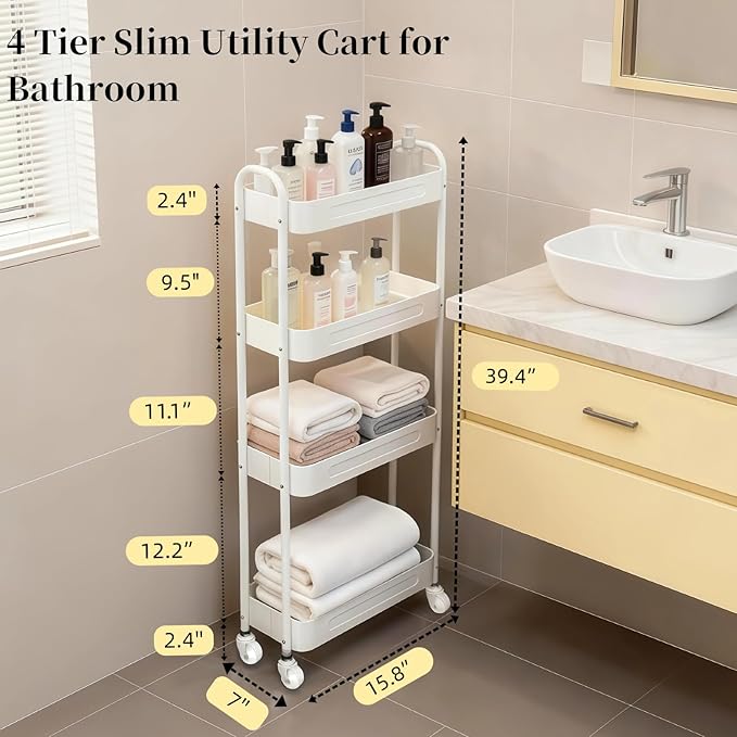LIWNYRK 4 Tier Slim Kitchen Storage Cart for Narrow Space, 7.1'' Wide Metal Rolling cart with Wheels and Lockable Casters, Sturdy Mobile Thin Shelf for Laundry Room Between Washer and Dryer, White