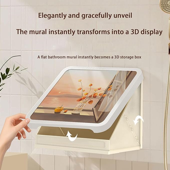 Bathroom Mural Storage Cabinet, 15 * 15in Waterproof Foldable Organizer, No Drill Wall Mounted Shelves with Hooks, Space Saving Decorative Storage Box for Shower, Laundry, Dorm (A)
