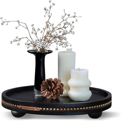 Farmhouse Decorative Round Tray, 11.81 Inch, Versatile Centerpiece Tray for Coffee Table Kitchen Living Room Bathroom, Home Decor Accent Black