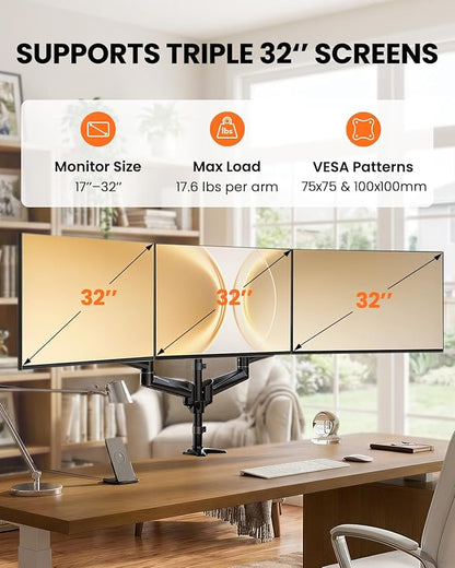 ErGear Triple Monitor Mount, Fully Adjustable Gaming 3 Monitor Desk Mount for 17 to 32 inch Computer Screens, Swivel, Tilt, Rotation, C-Clamp & Grommet Base
