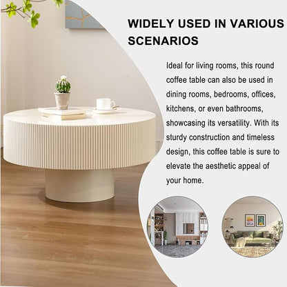 Round Coffee Table, Handcrafted Fluted Drum Coffee Tables Modern Wood Coffee Table Circle Drum Center Table for Living Room, Apartment (White Thick)