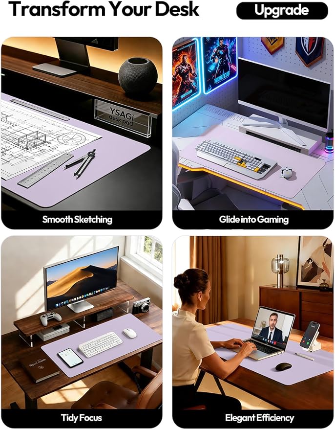 YSAGi Leather Desk Protector, Office Mat, Large Mouse Mat, Non-Slip PU Leather Blotter, Laptop Desk, Waterproof Writing Pad for Office and Home (Light Purple, 35.4" x 17")