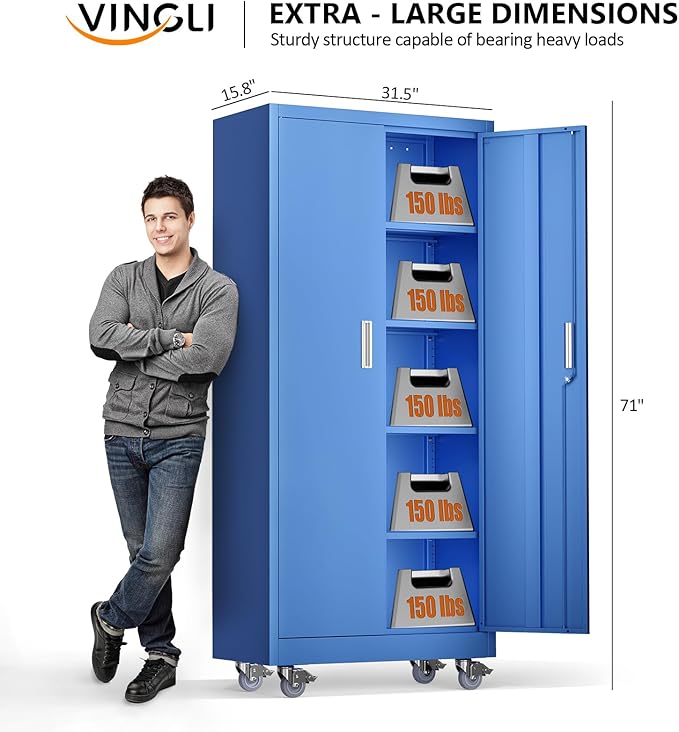 VINGLI Rolling Metal Storage Cabinet with Adjustable Shelves, 71'' Tall Garage Storage Cabinet with Wheels, Locking Tool Cabinets for Home Office Garage Gym School (Blue)