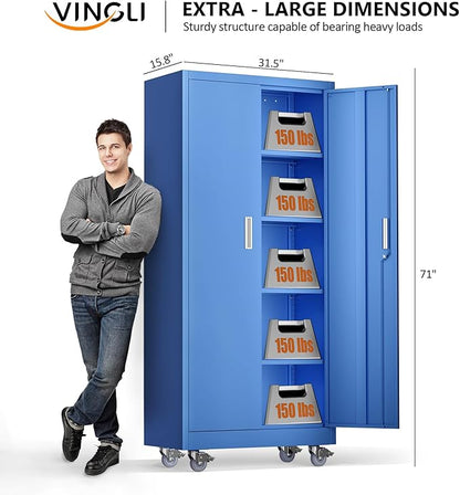 VINGLI Rolling Metal Storage Cabinet with Adjustable Shelves, 71'' Tall Garage Storage Cabinet with Wheels, Locking Tool Cabinets for Home Office Garage Gym School (Blue)