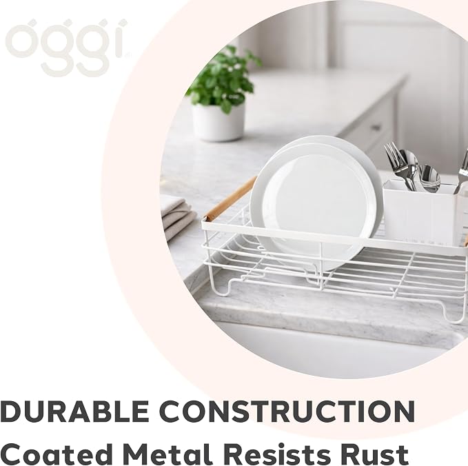 Oggi Large Dish Drying Rack - White & Bamboo Dish Drying Rack, Drying Rack Kitchen, Dish Rack, Dish Racks for Kitchen Counter, Durable Coated Metal Kitchen Drying Rack with Cutlery Holder