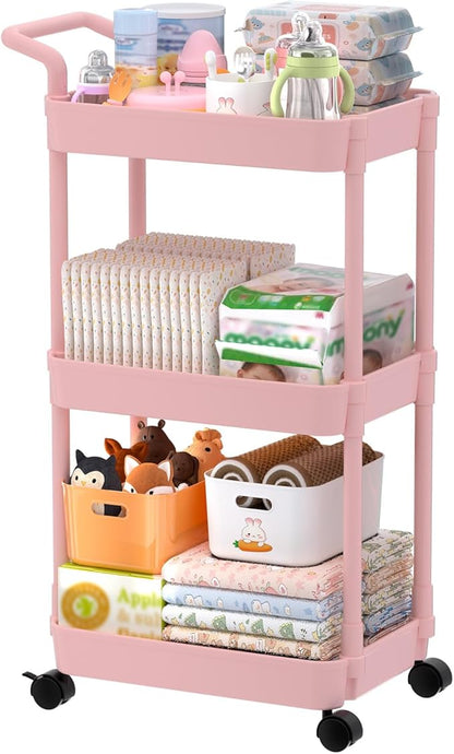 Volnamal Diaper Caddy - Plastic Diaper Organizer for Nursery Essentials, Baby Organizers and Storage, Movable Cart for Changing Table & Crib, Baby Registry Search, Pink