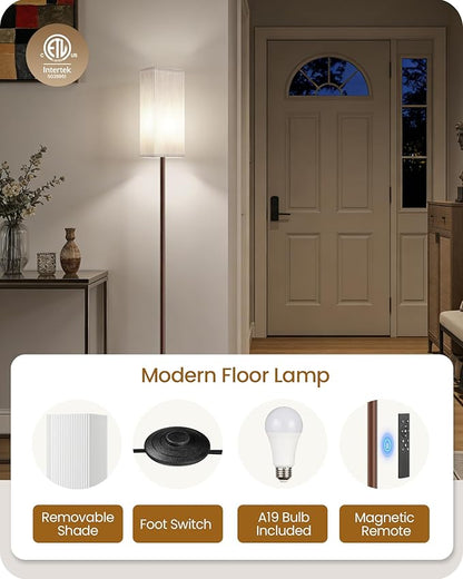 64.2” Dimmable Floor Lamp for Living Room with Remote and Foot Switch, Corner Floor Lamp for Bedroom, Includes 10W A19 Bulb, Modern Standing Tall Lamp, ETL Listed, Brown and White VCW17LD05