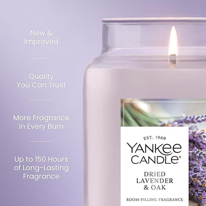 Yankee Candle Dried Lavender & Oak, Scented Candle, 22oz Large Jar with up to 150 Hour Burn Time, Giftable, Birthdays