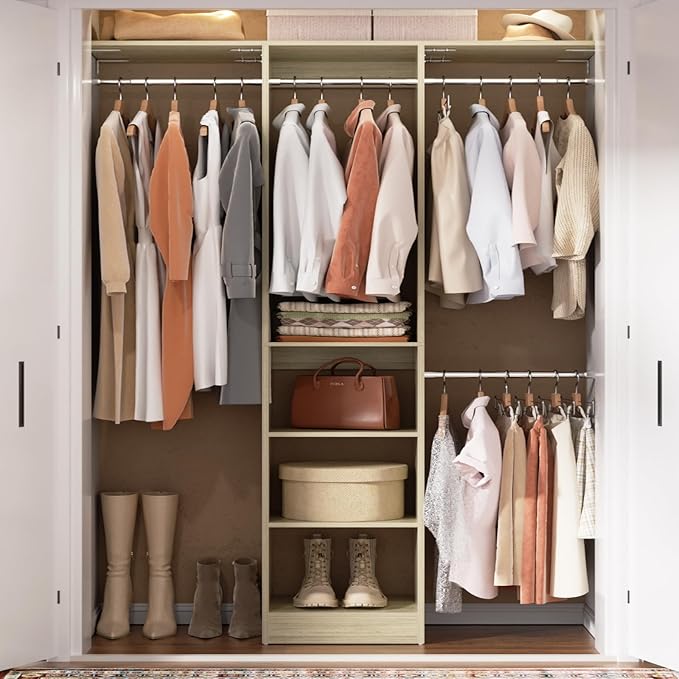 Cyclysio 4FT Small Closet System, 80"H Closet Organizer System with 4 Closets Rods & 3 Shelves, 48" Closets Organizers and Storage for Small Bedrooms, Laundry Rooms, Cloakrooms, White Oak