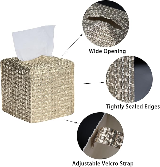Tissue Box Cover 2-Pack, Square Tissue Holder with Bottom Belt, Modern Tissue Case Facial Paper Organizer Dispenser for Bathroom, Office, Home, Table, Car, Woven Pattern Golden