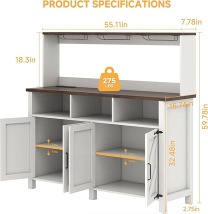Buffet Sideboard with Storage Hutch with Power Outlets 4 Doors, Large Farmhouse Kitchen Storage Cabinet Wood Coffee Bar Cabinet with Goblet Holder and Cup Hooks for Kitchen, Dining Room, Entryway