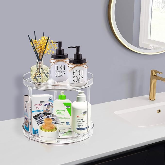 2 Tier Lazy Susan Bathroom Organizer, 9.25Inch Clear 360 Rotating Makeup Organizer for Vanity, Skincare Organizers Perfume Organizer, Spice Rack Organizer for Cabinet- Home Organization and Storage