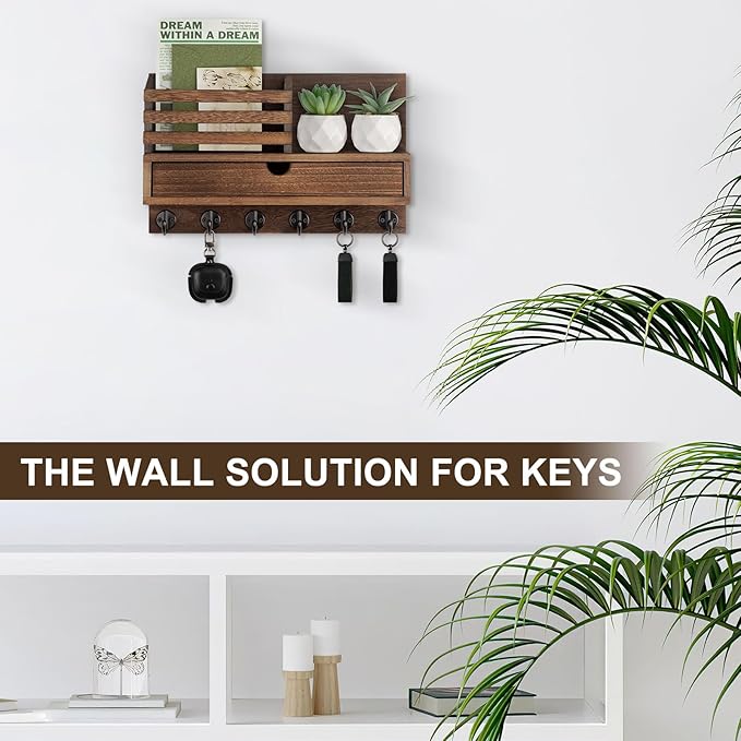 Key Holder Wall Mount, Mail Holder with Storage Drawer and 6 Key Hooks for Coat, Dog Leash, Home Decor Rack, House Accessories, Entry Way Organizer