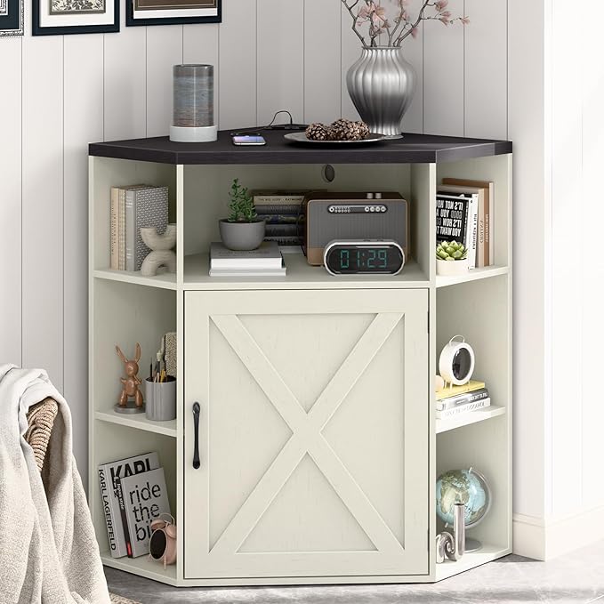 Vabches Corner Cabinet, Corner Storage Shelf with USB Ports and Outlets Industrial Organizer for Small Space Wooden 6-Cubby Bookshelf for Study, Playroom, Living Room (Rustic White and Black)