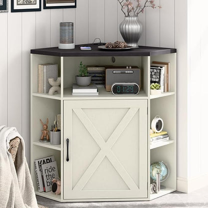 Vabches Corner Cabinet, Corner Storage Shelf with USB Ports and Outlets Industrial Organizer for Small Space Wooden 6-Cubby Bookshelf for Study, Playroom, Living Room (Rustic White and Black)