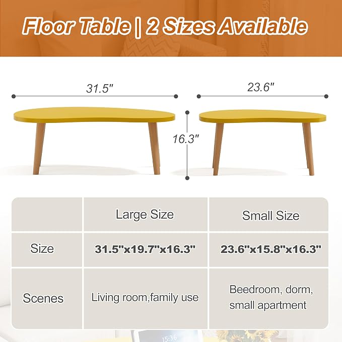 Coffee Table Low Table with Solid Wood Legs, 31.5x19.7" Large Coffee Table Side Table, Floor Table Desk for Sitting on The Floor, Living Room Furniture for Office Apartment Home, Mango Yellow