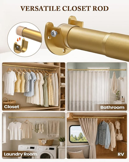 Heavy Duty Closet Rod, 17-99 IN Closet Rods for Hanging Clothes, Gold | Stepless Adjustable, Supports up to 66 lbs, Multiple Size Options, Easy Installation, Multi Purpose , Wall-Mounted