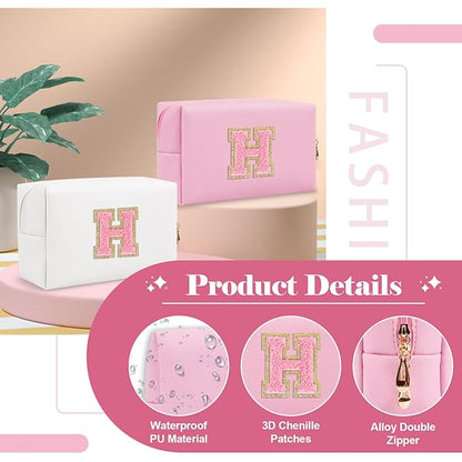 Personalized Initial A-Z Preppy Patch Makeup Bag,Small PU Leather Chenille Letter Cosmetic Bag with Zipper for Teen Girls,Pink Cute Travel Toiletry Bag,Birthday Monogrammed Gift for Daughter,Letter H