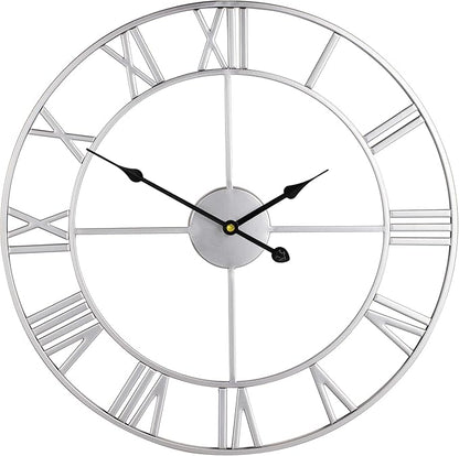 LEIKE 16" Modern Large Wall Clocks,Vintage, Round,Silent Non Ticking,Battery Operated,Silver Metal Roman Numerals Clock for Living Room/Bedroom/Kitchen Decor