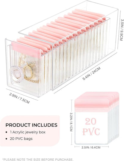 HOMEHIVE Clear Acrylic Jewelry Organizer Box with 20 Portable Pouches, Jewelry Storage Case for Women Girls, Tangle-Free, Anti-Tarnish, Compact Storage for Necklaces/Earrings/Rings, Upgraded Pink