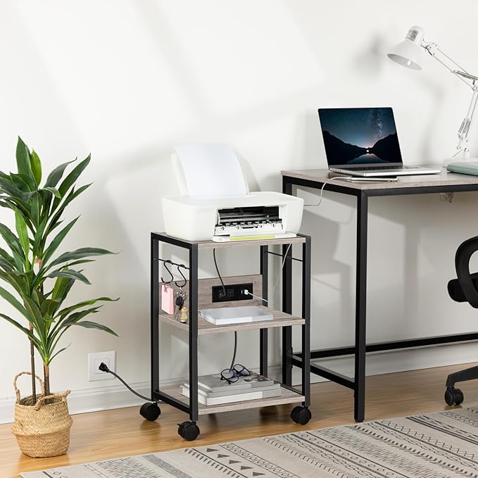 MAHANCRIS Industrial Printer Cart, 3-Tier Mobile Printer Stand, Rolling Cart with Power Outlets and USB Ports, Home Printer Stand with 2 Hooks, for Office, Living Room, Greige PTHG40E01