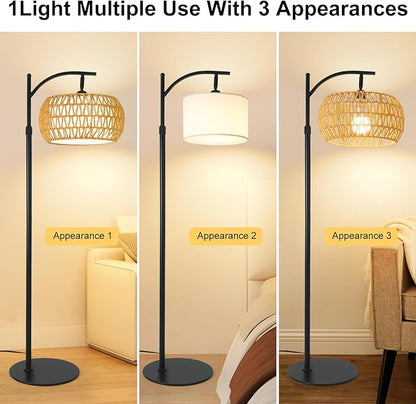 Boho Rattan Floor Lamp with Shade – 12W Bright Dimmable LED Bulb, Remote Control 3 Color Temperatures, Modern Farmhouse Handwoven Arc Standing Light for Living Room Bedroom