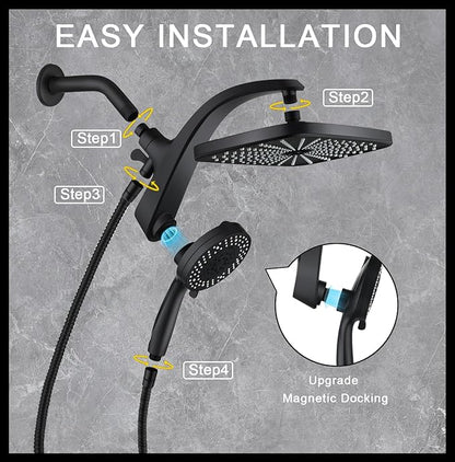 BOZYBO Rain Shower Head with Handheld: High Pressure Shower Heads with Handheld Spray Combo, 12" Rainfall Shower Head and 9 Sprays Hand Showerheads with Magnetic Docking and Power Jets, Black 1.75GPM