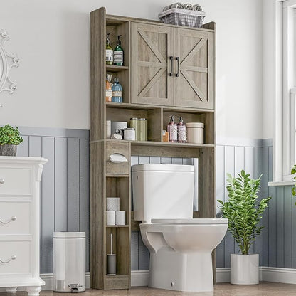 Over The Toilet Storage Cabinet, Farmhouse Storage Cabinet Over Toilet with 2 Barn Door & Toilet Paper Holder Stand, Home Space-Saving Rack, for Bathroom, Restroom (Grey).