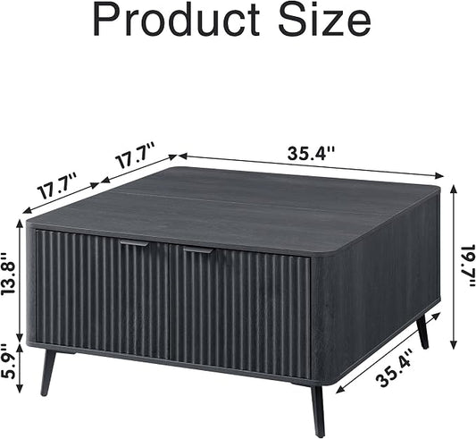 Fatmok Large Lift Top Coffee Table with Hidden Compartment, 35.4" Wide Oversized Square Coffee Table with Storage, Mid Century Modern Fluted Center Table for Home Living Room, Black Grey