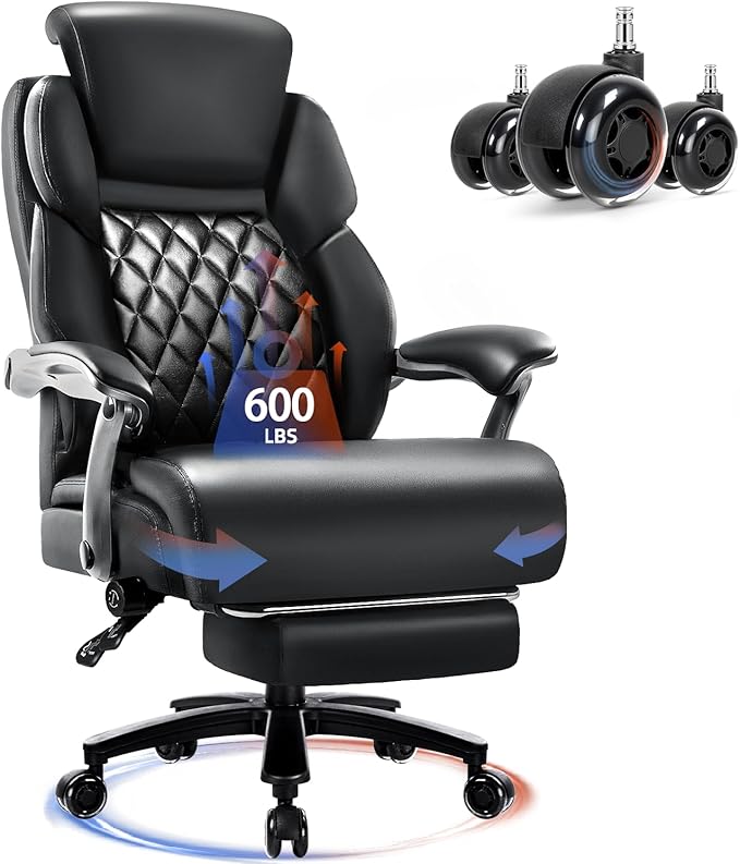 VITESSE Big and Tall Office Chair with Footrest and Lifting Headrest,Leather Chair for Heavy People,Executive Office Chair,Adjustable Lumber Support 600LBS