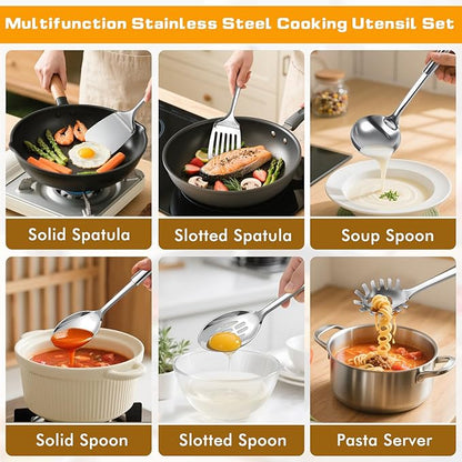 6 Pcs Cooking Utensils Set, Stainless Steel Kitchen Utensils, Heat Resistant Metal Kitchen Tools Include Solid & Slotted Turner Wok Spatula, Serving Spoon, Ladle, Pasta Server, Easy to Clean, Silver