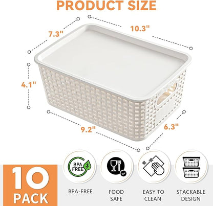 10 Pack Small Plastic Storage Bins with Lids, Stackable Plastic Storage Baskets for Organizing with Handles, Organizer Bins with Labels for Room, Craft, Containers for Pantry Organizers and Storage
