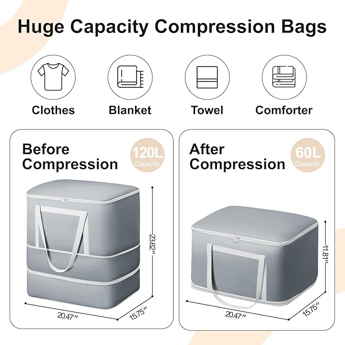 Comforter Storage Bag - 120L Bedding Storage Bags for Moving Closet, Washable Blanket Storage Bag, Ultra Space Saving Self Compression Organizer, 2-Pack, Grey