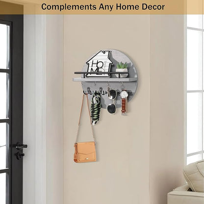Key Holder for Wall Decorative with Shelf and Hooks, Unique Mail Organizer Wall Mount with Sunglasses Holder, Cute Circular Design Entryway Key Rack Hanger, Rustic Home Decor Boho Wall Decor (grey)