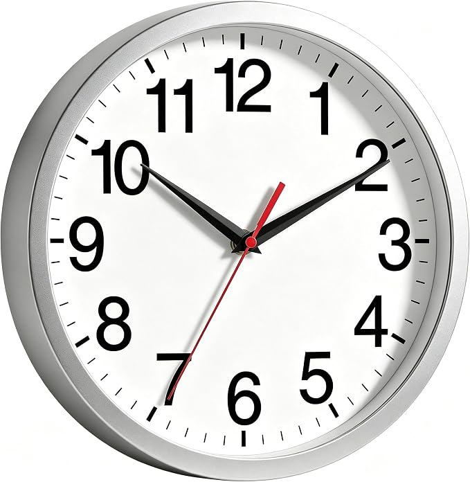 Rohioue 12 Inch Wall Clock Modern Battery Operated Silent Non Ticking Analog Clock Decorative for Bedroom Kitchen Bathroom Office Home Living Room (Silver)