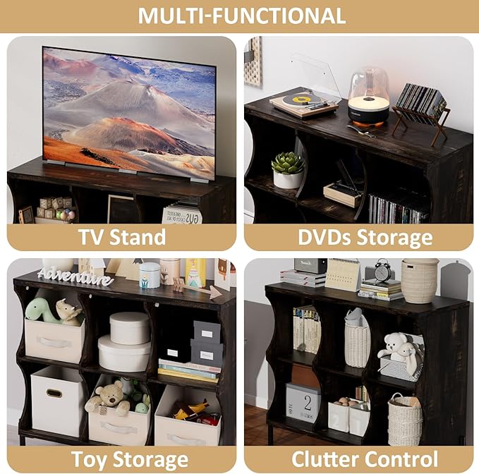 6 Cube Book Shelf, Low and Short Bookshelf, Long Cube Storage Organizer Wood TV Stand, Toy Organization DVD Cabinets for Living Room, Office, Bedroom, Dorm, Dark Brown with Dark Brown Top