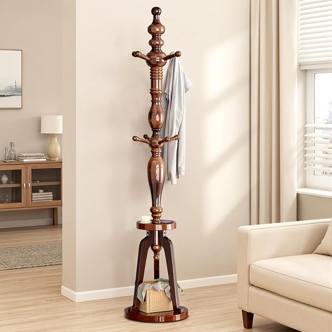 Coat Rack with 8 Hooks, Hall Tree Freestanding with Shelf, Wood Coat Tree Heavy Duty with Round Base, Standing Coat Rack, Load Capacity 220 lb, Coat Hanger Stand for Entryway Hallway Office 17.13x74"