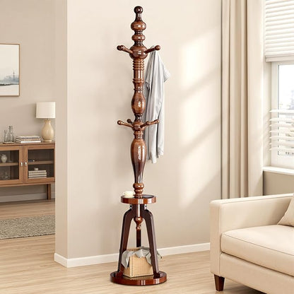Coat Rack with 8 Hooks, Hall Tree Freestanding with Shelf, Wood Coat Tree Heavy Duty with Round Base, Standing Coat Rack, Load Capacity 220 lb, Coat Hanger Stand for Entryway Hallway Office 17.13x74"