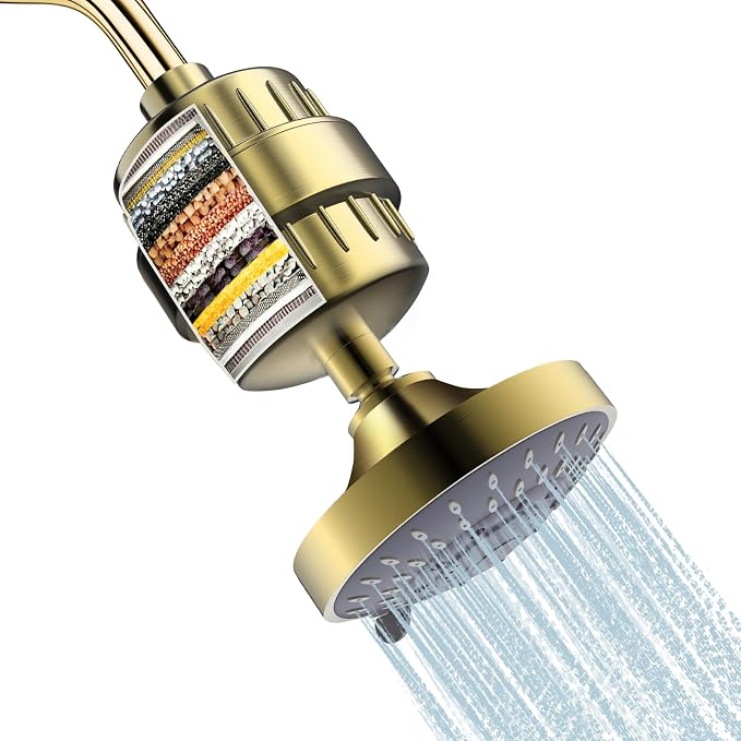 Shower Head and 15 Stage Shower Filter Combo, FEELSO High Pressure 5 Spray Filtered Showerhead with Water Softener Filters for Hard Water Remove Chlorine and Harmful Substances (Golden)